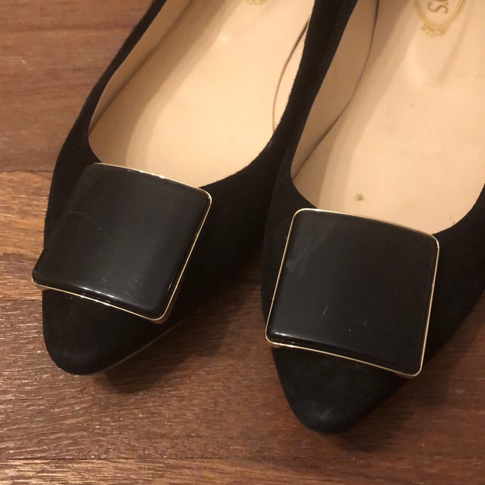 Tod's Black Suede Ballet Flats Square Buckle Designer Shoes Size 36.5 - Picture 2 of 6